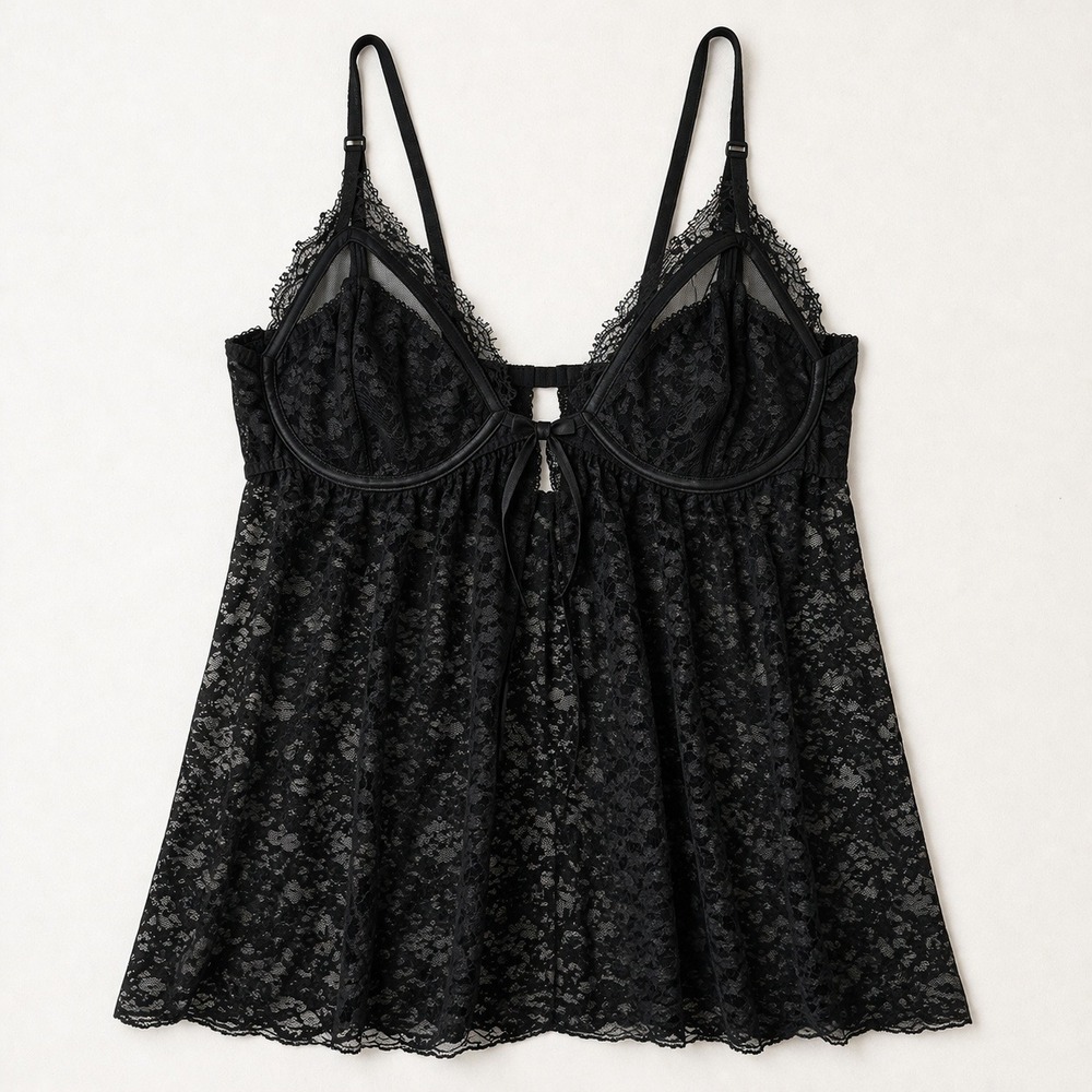 Y2K Black Sheer Mesh Lace Babydoll Cami Lingerie corset vampy Whimsigoth Witchy